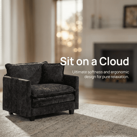 41" Breathable Chenille Modern Mid-Century Accent Armchair, Oversized Accent Chair with Ergonomic Support, Mid-Century Modern Chair with Modular Design for Living Room, Black