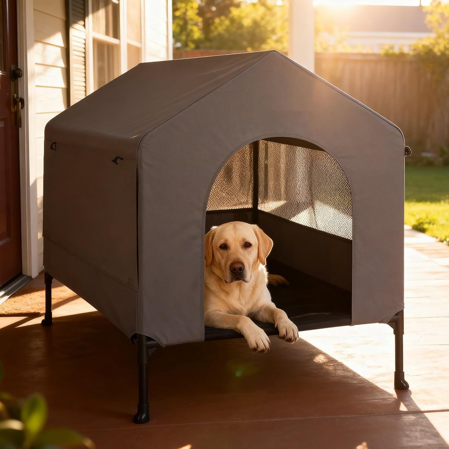 Large 2-in-1 Outdoor Elevated Dog House With Breathable Mesh Windows And Canopy