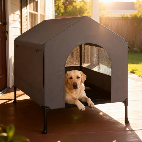 41" Dog House, 2-in-1 Large Dog House Outdoor Indoor Weatherproof, Outside Elevated Dog Cot Bed Dog Tent Shade, Three-Sided Breathable Mesh Windows and Sunshades