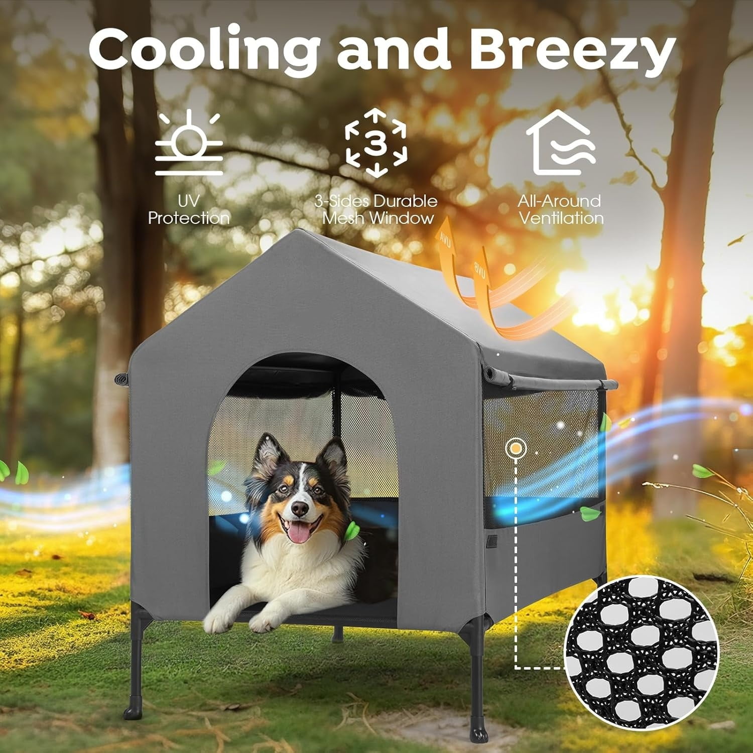 41" Dog House, 2-in-1 Large Dog House Outdoor Indoor Weatherproof, Outside Elevated Dog Cot Bed Dog Tent Shade, Three-Sided Breathable Mesh Windows and Sunshades