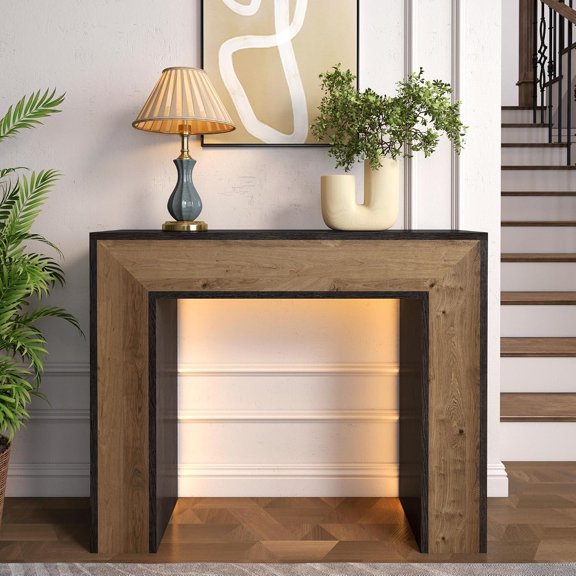 41" Entryway Table with LED Light, Console Table Behind Couch, Rustic Narrow Sofa Table for Living Room, Rustic Entry Table for Entryway, Hallway, Foyer, Dark Grey/Oak