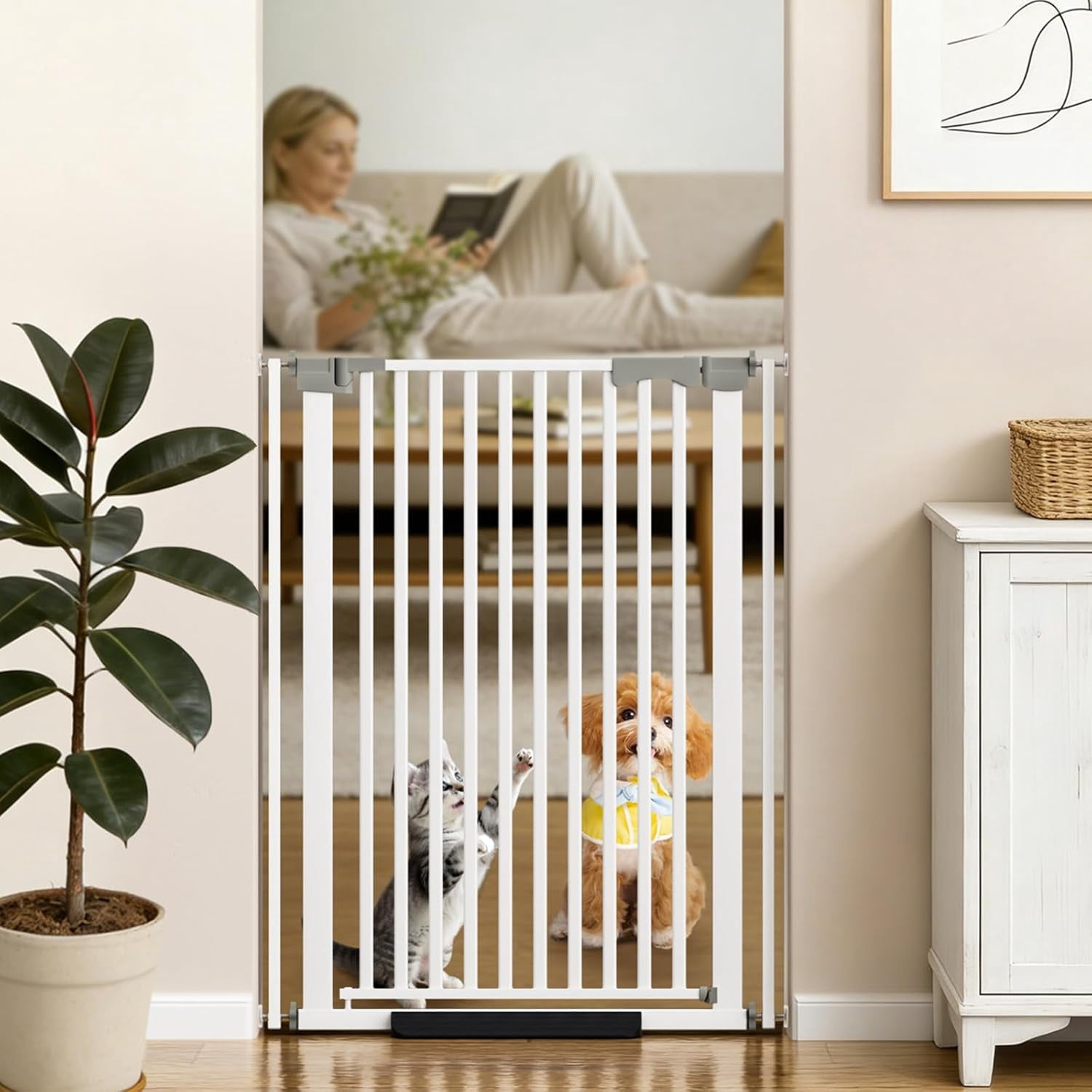 41" Extra Tall Auto Close Pet Gate, 30-32" Wide Pressure Mounted No Drill Dog Cat Gate with Extensions