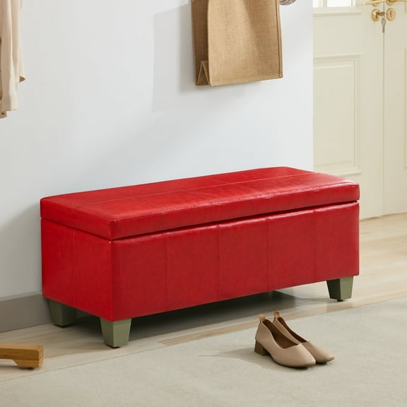 41'' Faux Leather Storage Ottoman Bench, Rectangle Upholstered End of Bed Storage Bench, Stitch Tufted Bedroom Bench with Storage, Entryway Large Storage Ottoman with Wooden Legs, Red