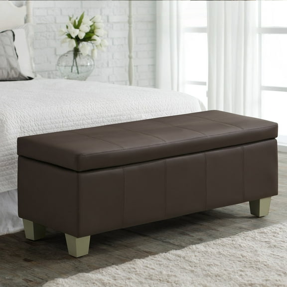 41'' Faux Leather Storage Ottoman Bench, Rectangle Upholstered End of Bed Storage Bench, Stitch Tufted Bedroom Bench with Storage, Entryway Large Storage Ottoman with Wooden Legs, Brown