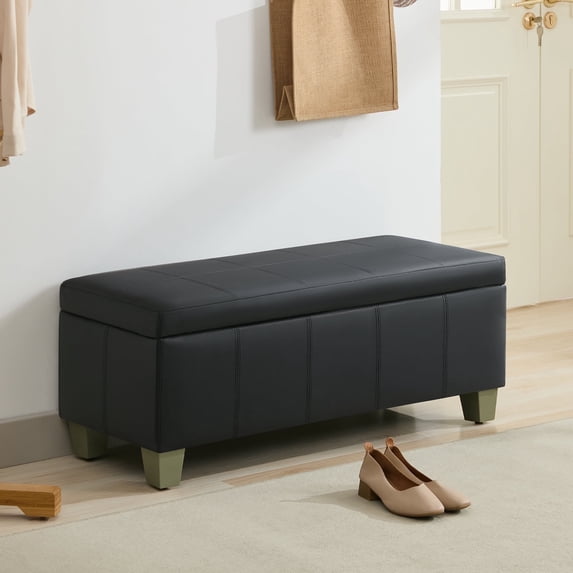 41'' Faux Leather Storage Ottoman Bench, Rectangle Upholstered Storage Bench with Wooden Legs, Stitch Tufted Bench with Storage for Bedroom, Living Room, Entryway, Dark Black
