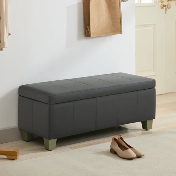 41'' Faux Leather Storage Ottoman Bench, Rectangle Upholstered Storage Bench with Wooden Legs, Stitch Tufted Bench with Storage for Bedroom, Living Room, Entryway, Dark Grey