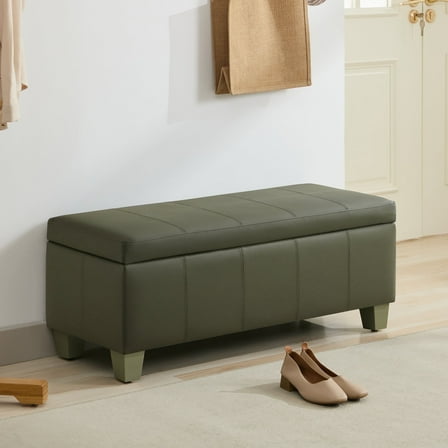 41'' Faux Leather Storage Ottoman Bench, Rectangle Upholstered Storage Bench with Wooden Legs, Stitch Tufted Bench with Storage for Bedroom, Living Room, Entryway, Green