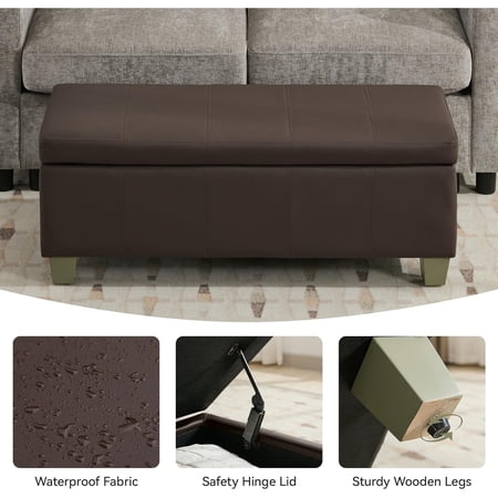 41" Faux Leather Storage Ottoman, Stitch Tufted Rectangle Upholstered End of Bed Storage Bench, Entryway Large Couch Ottoman with Wooden Legs,Brown