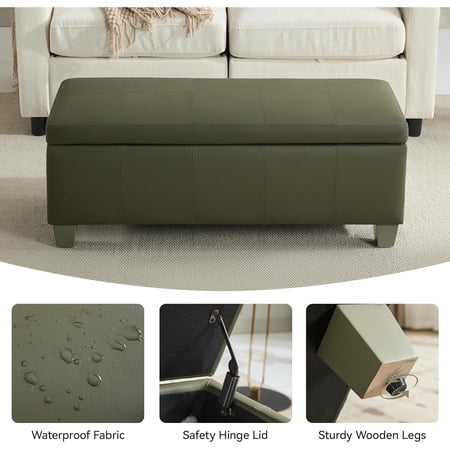 41" Faux Leather Storage Ottoman, Stitch Tufted Rectangle Upholstered End of Bed Storage Bench, Entryway Large Couch Ottoman with Wooden Legs,Green
