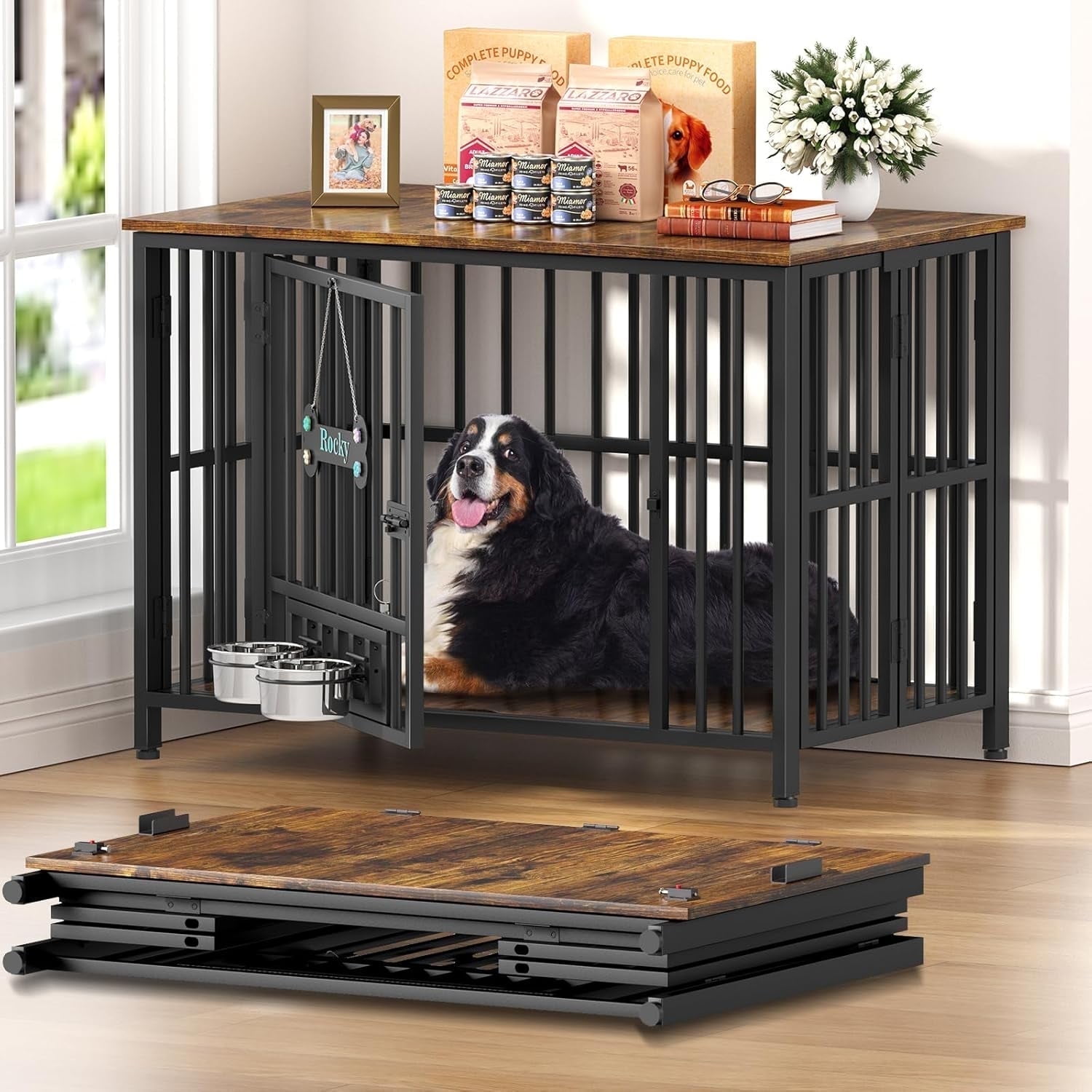 Walmart savings: POAO 41" Dog Crate Furniture Foldable, No Assembly Decorative Dog Kennel Indoor, Dog Crates for Large Dogs(40-65 lb), Wooden Dog Cage with Adjustable Bowls and Name Tag, End Table, Rustic Brown