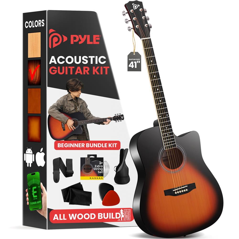 41" Full-Size Acoustic Guitar Kit, Cutaway Body with Digital Tuner, and Accessory Kit, (Sunburst Teardrop)
