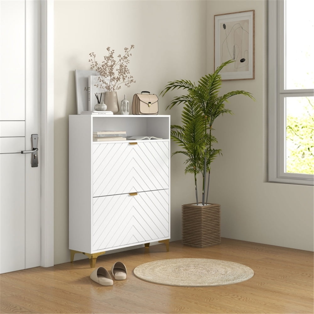 41 H Shoe Cabinet Modern Wooden Freestanding Slim Shoe Organizer with Metal Legs 2 Flip Drawers and Open Shelf Shoe Storage Cabinet for Hallway Bedroom Living Room Entryway White Walmart Business Supp...