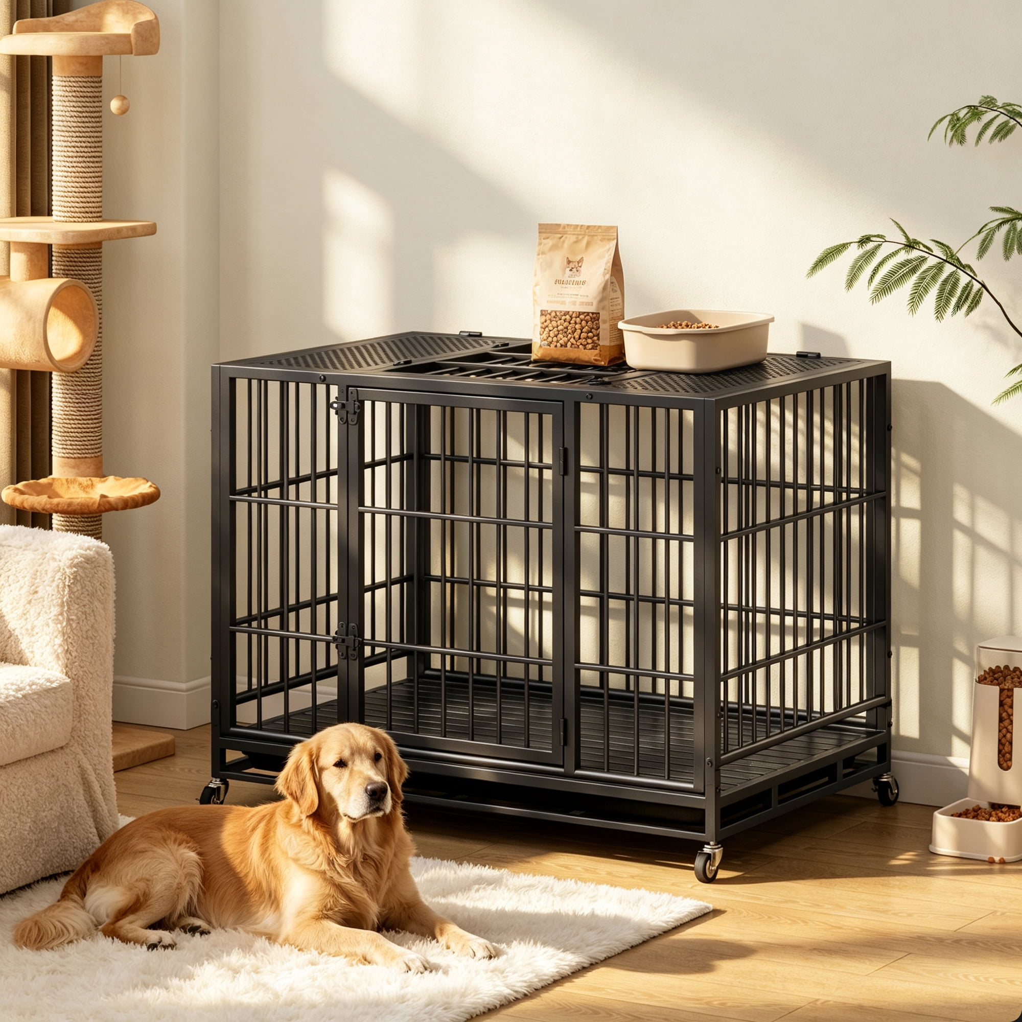 41" Heavy Duty Dog Crate Furniture with Rotary Twist-Latch & Lockable Wheels