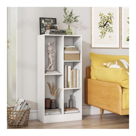 41 Inch 5-Cube Bookcase, Floor Shelves for Home Office, Natural White