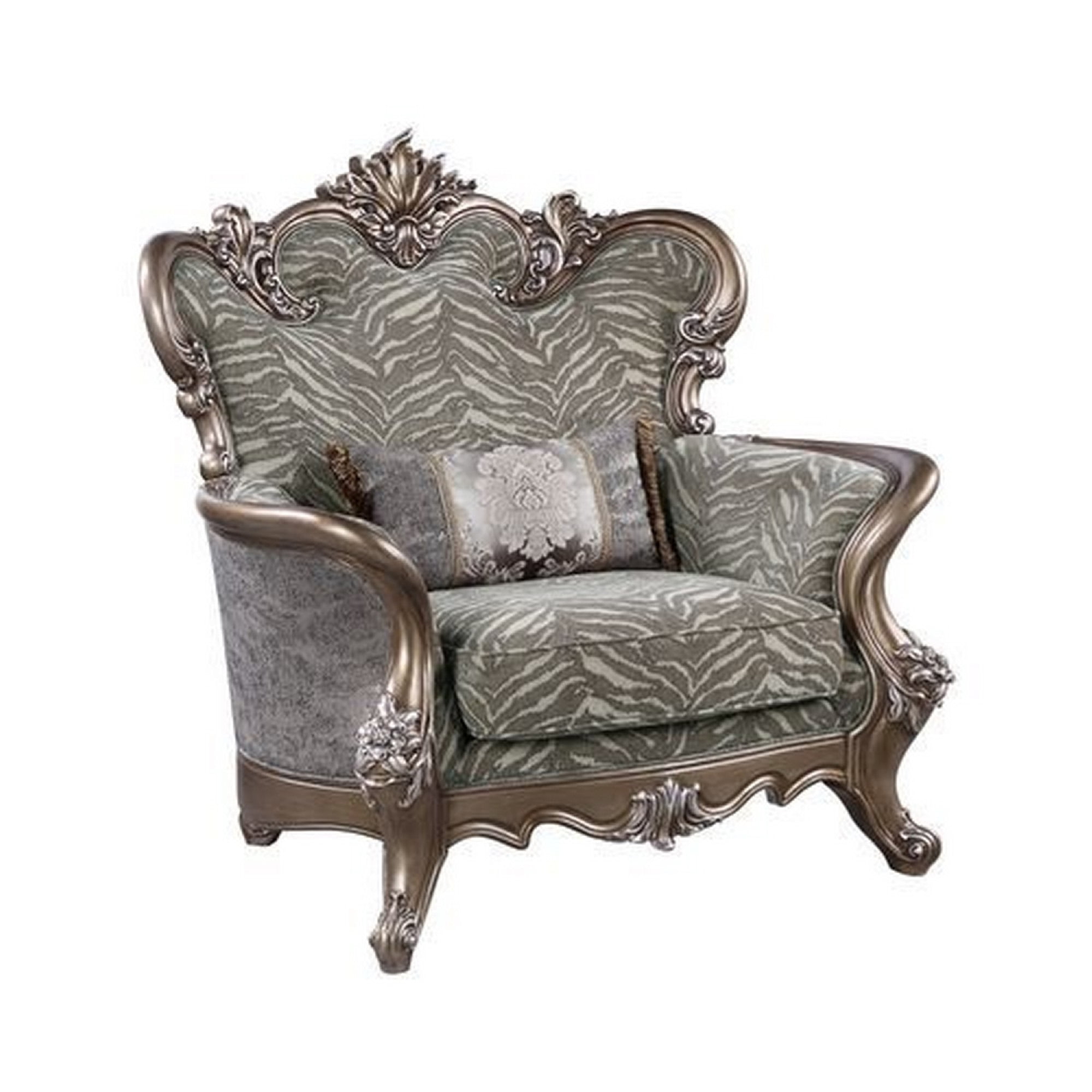 41 Inch Carved Ornate Accent Armchair with Decorative Pillow, Gray