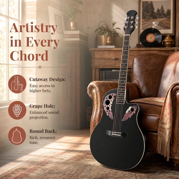 LEATIC 41 inch Cutaway Acoustic Guitar for Adults Beginners, Spruce Top Round Back Grape Soundhole Steel String, Includes Bag Black