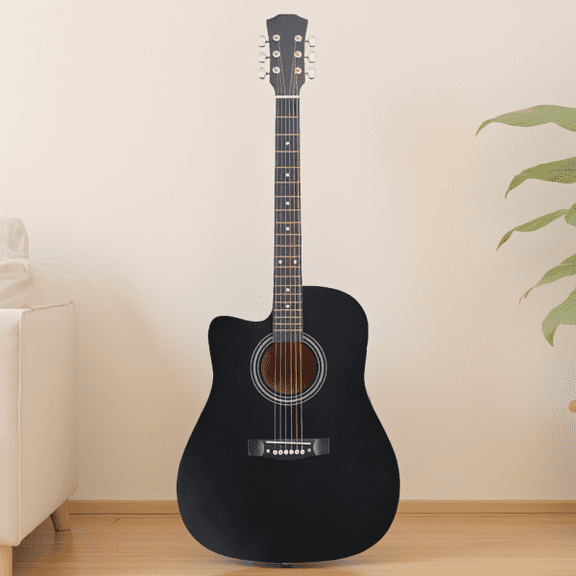 41-Inch Cutaway Dreadnought Acoustic Guitar Full Basswood Body with Matte Black Finish, 20 Frets, Includes Gig Bag & Accessories
