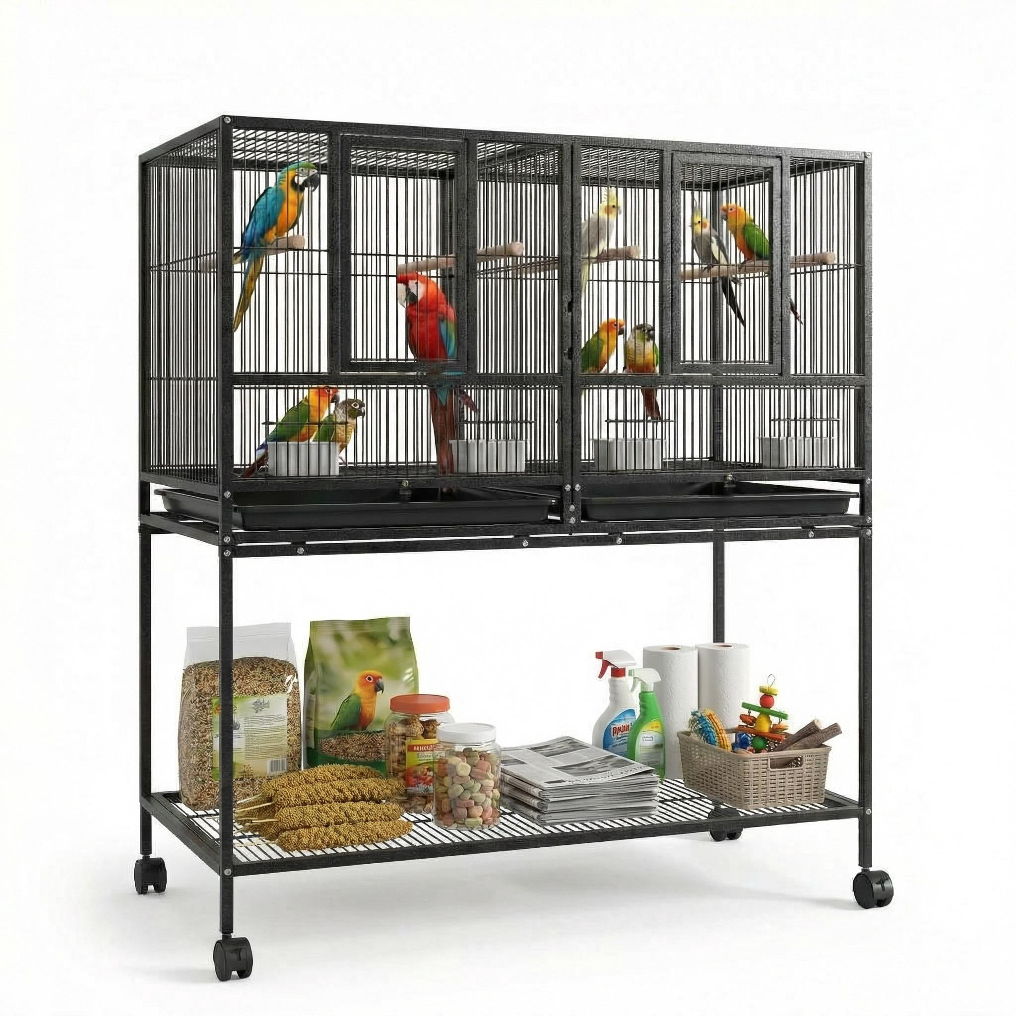 41 Inch Divided Breeding Flight Bird Cage with Rolling Stand. Detachable Breeder Parakeet Cage with Perches Food Boxes Slide-Out Tray. Large Bird Cages for Parrots Parakeet  Cockatiel Lovebird