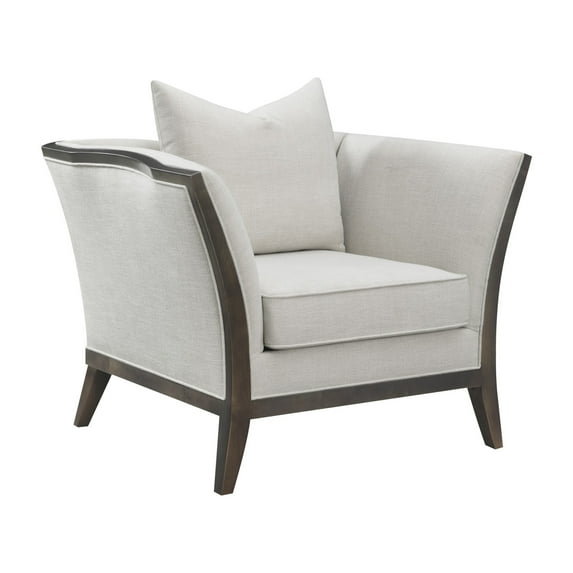 41 Inch Flared Arm Accent Chair, Soft Beige Fabric and Rich Brown Wood
