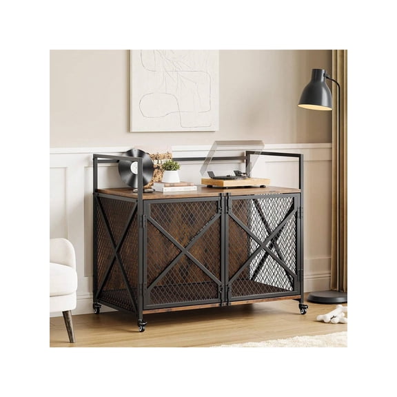 41 Inch Furniture Style Dog Crate Locking Casters Divider Wooden Kennel Removable Tray Rustic Brown