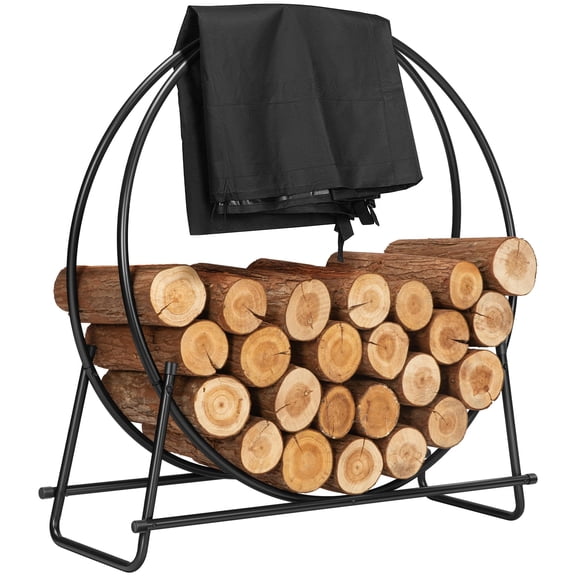 41-Inch Heavy-Duty Solid Steel Firewood Log Rack Hoop with Zippered Cover - Round Log Holder Ring for Indoor/Outdoor Patio, Deck & Porch