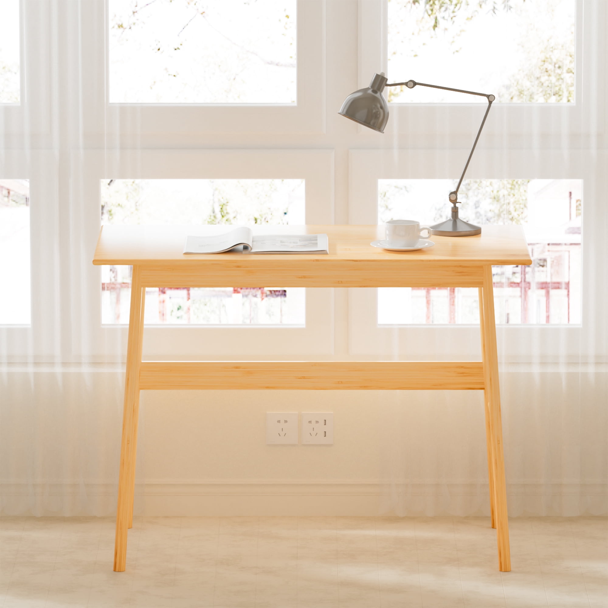41 Inch Modern Bamboo Computer Desk, Heavy Duty Home Office Writing Study Work Table, Stable Frame Gaming Desk with 450 LBS Weight Capacity