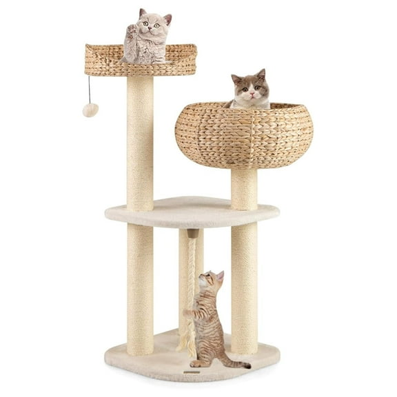 41 Inch Modern for Indoor Cats, Multi-Level Cute with Scratching Posts, H-Made Wicker Cat Condo & Top Perch, Dangling Ball, Sisal Rope, Beige
