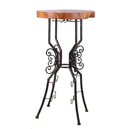 41 Inch Round Bar Table, Live Edge Wood Top, Metal Frame, Brown, Black- Saltoro Sherpi
