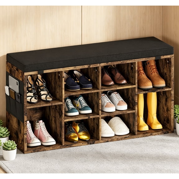41 Inch Rustic Brown Shoe Change Stool with Cushioned Seat, Shoe Changing Bench with Organizer for Entryway, Living Room, Rustic Brown