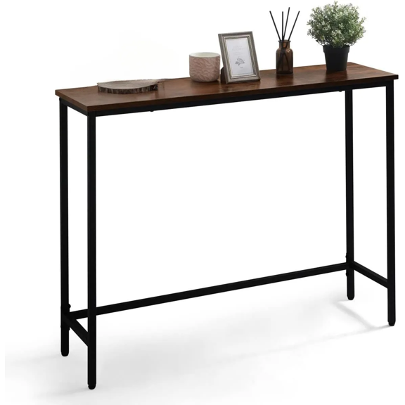 41-Inch Rustic Oak Entryway Table Industrial Metal-Frame Sofa Side Table Plant Display Table for Hallway Ends Narrow Console Table