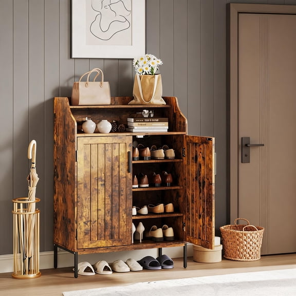 41 Inch Tall 5 Tier MDF Shoe Storage Cabinet With Double Doors, 3 Adjustable Inner Shelves And Metal Support Legs