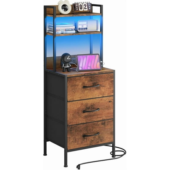 41 Inch Tall Nightstand with Charging Station, Led Night Stand with U-S-B Port & Socket, 3 PU Finished Fabric Storage Drawers, Office, Bedside Table & Bookshelf in One