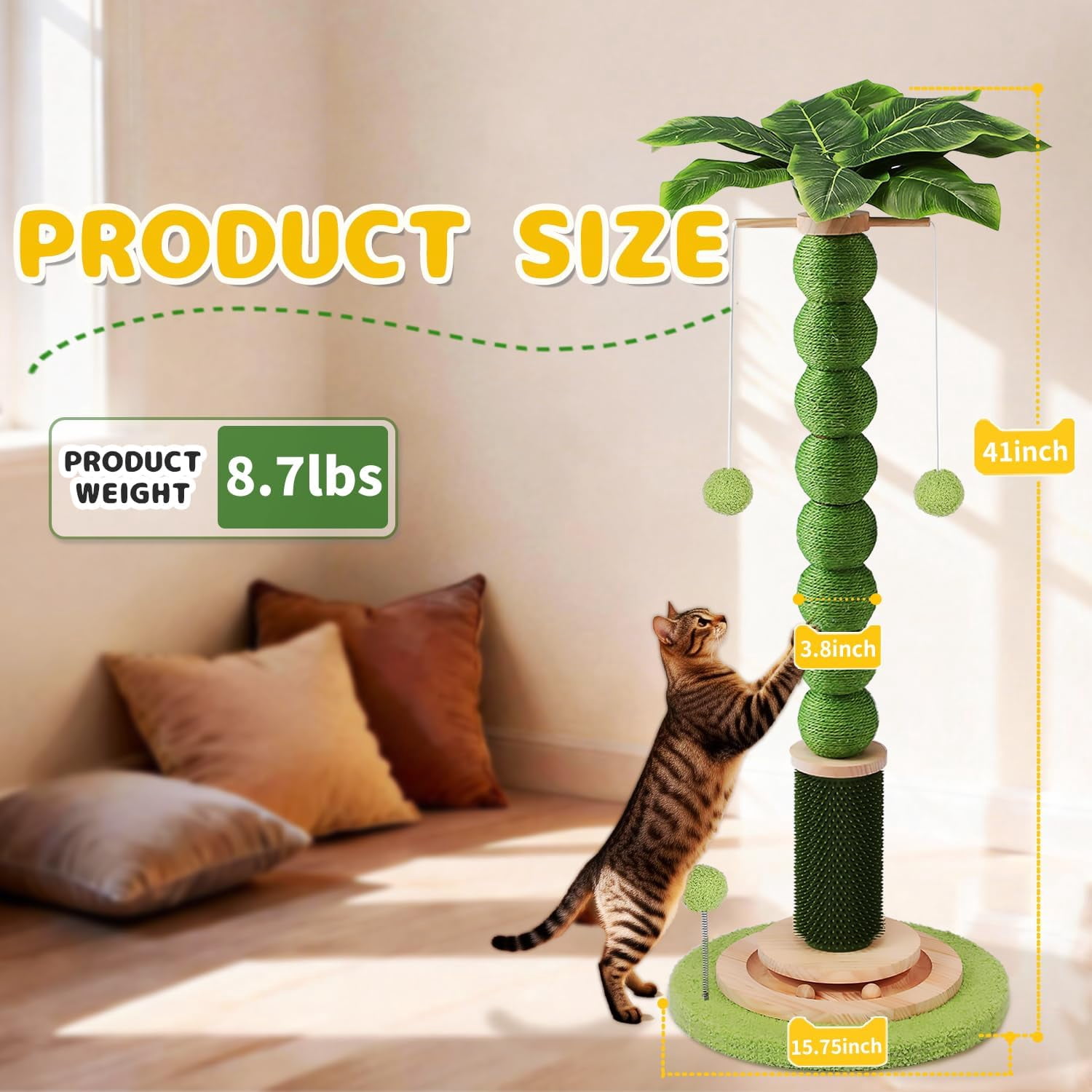 41 Inch Tall  Scratching Post with Rotating Ball and Wood Toy for Indoor Cats