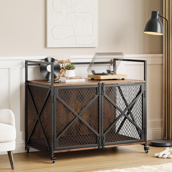41 Inch Wooden Dog Cage Side Table, Double Door Heavy Duty Kennel with 360 Swivel Wheels, Multifunctional Furniture Crate for Small Medium Large Dogs