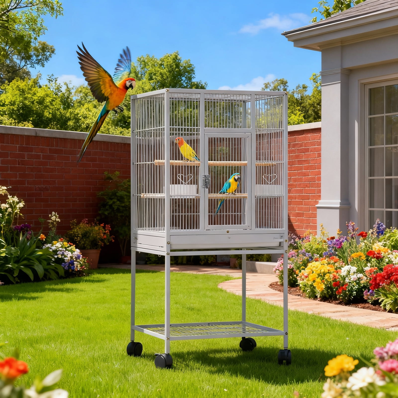 Image showcasing 41 Inches Metal Bird Cage for Parakeets, Large Parrot Cages with Tray ...