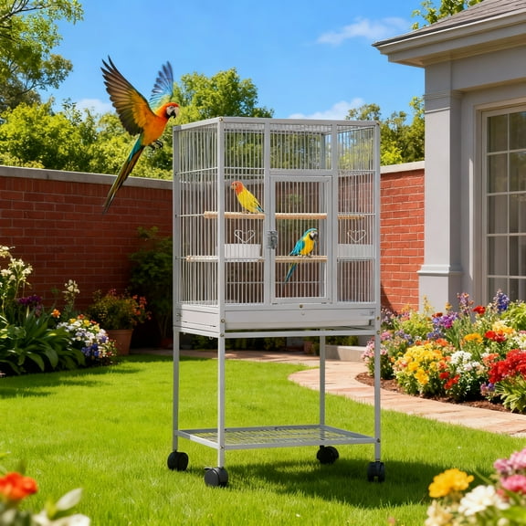 41 Inches Metal Bird Cage for Parakeets, Large Parrot Cages with Tray Food Boxes and Wooden Perches Pet Bird House with Rolling Stand and Brakes for Cockatiels Pigeon Finches