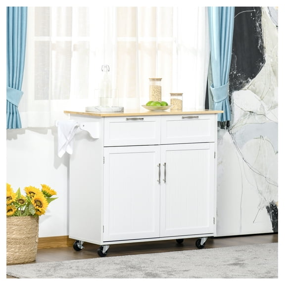 41" Kitchen Island with Wheels, Rolling Cart Storage Trolley, Rubberwood Top & Drawers, White - Utility Kitchen Organizer