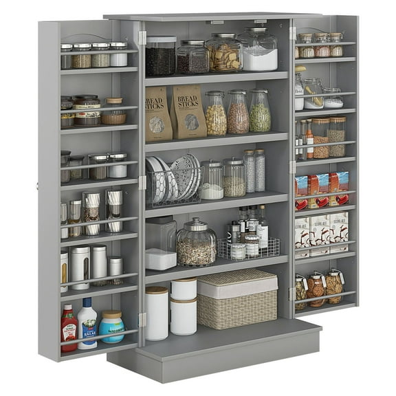 41" Kitchen Pantry Cabinet, Modern 2-Door Storage with 5 Tier Shelves, 12 Spice Racks, Adjustable Shelves, Gray