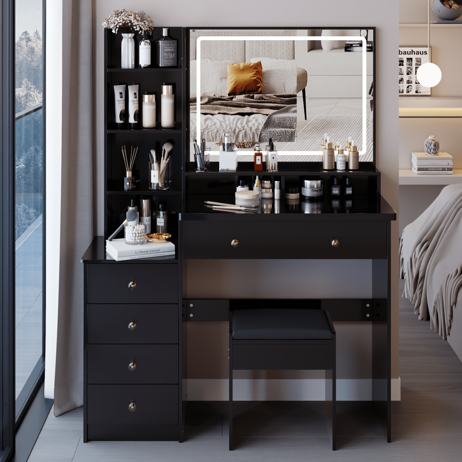 41" Large Size Left Bedside Cabinet Vanity Table&Cushioned Stool, Extra ...