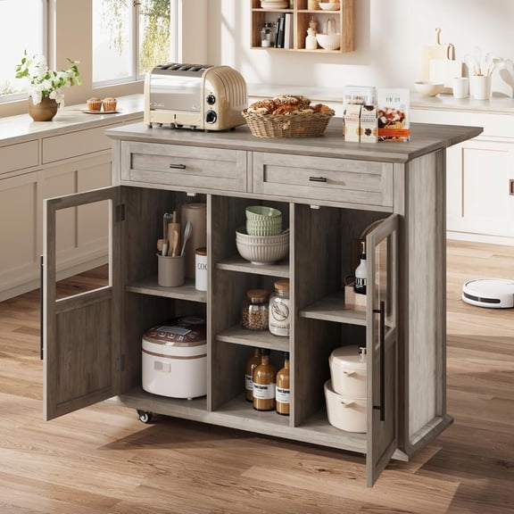 41" Mobile Farmhouse Storage Island,Rolling Kitchen Island with Drop Leaf - with 2 Glass Door Cabinets, 3 Open Shelves & 2 Drawers for Dining Room Gray