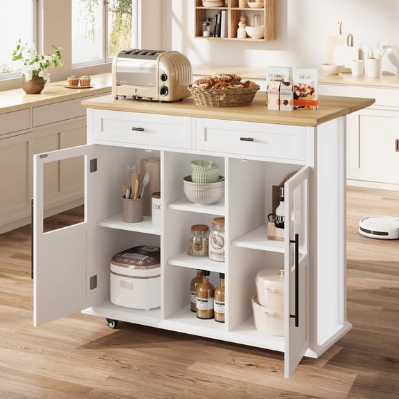 41" Mobile Farmhouse Storage Island,Rolling Kitchen Island with Drop Leaf - with 2 Glass Door Cabinets, 3 Open Shelves & 2 Drawers for Dining Room White
