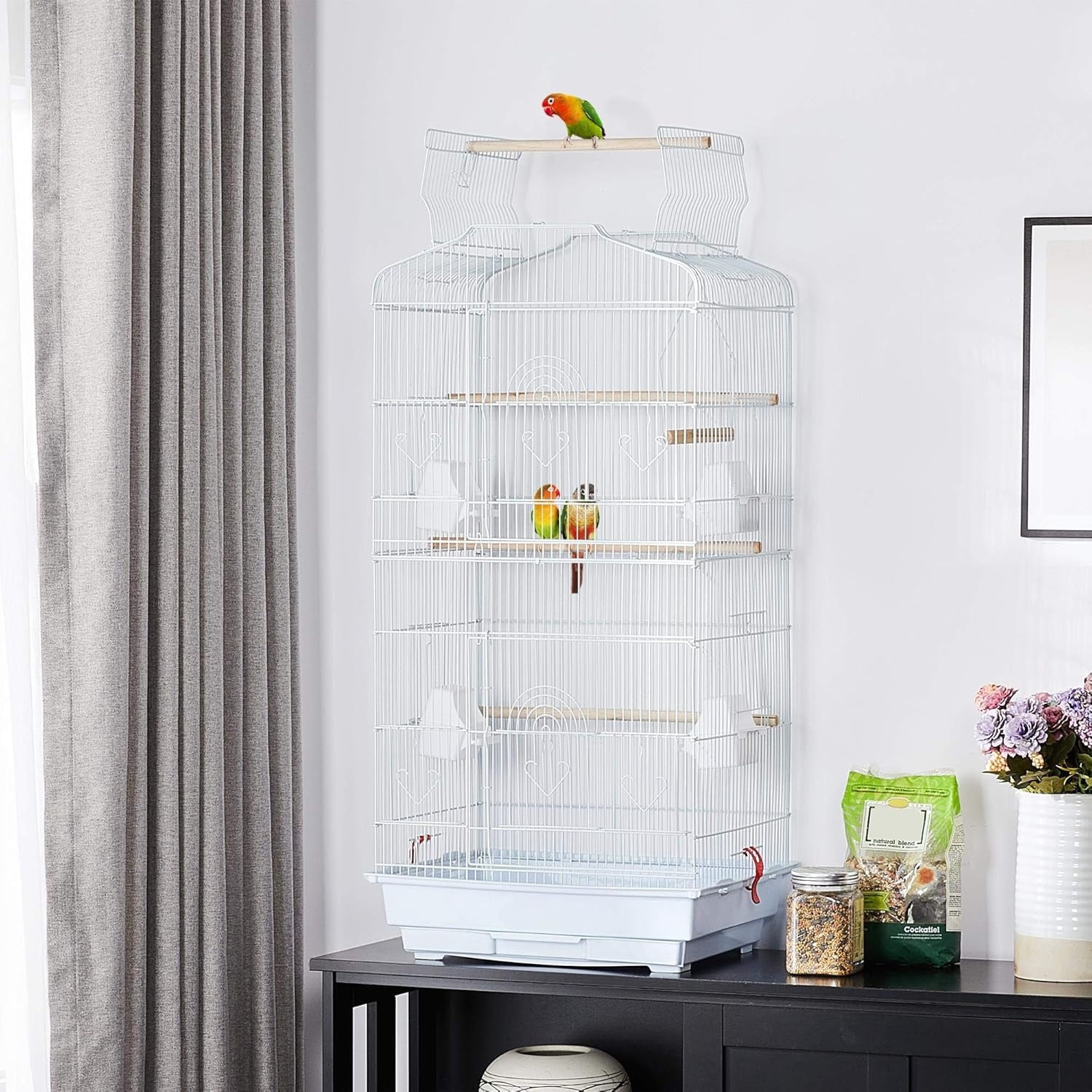 41'' Open Top Medium Size Quaker Parrot Bird Cage Cockatiel Indian Ring Neck Sun Parakeet Green Cheek Conures Lovebird Budgie Canary Finch Parrotlet Bird Cage, White