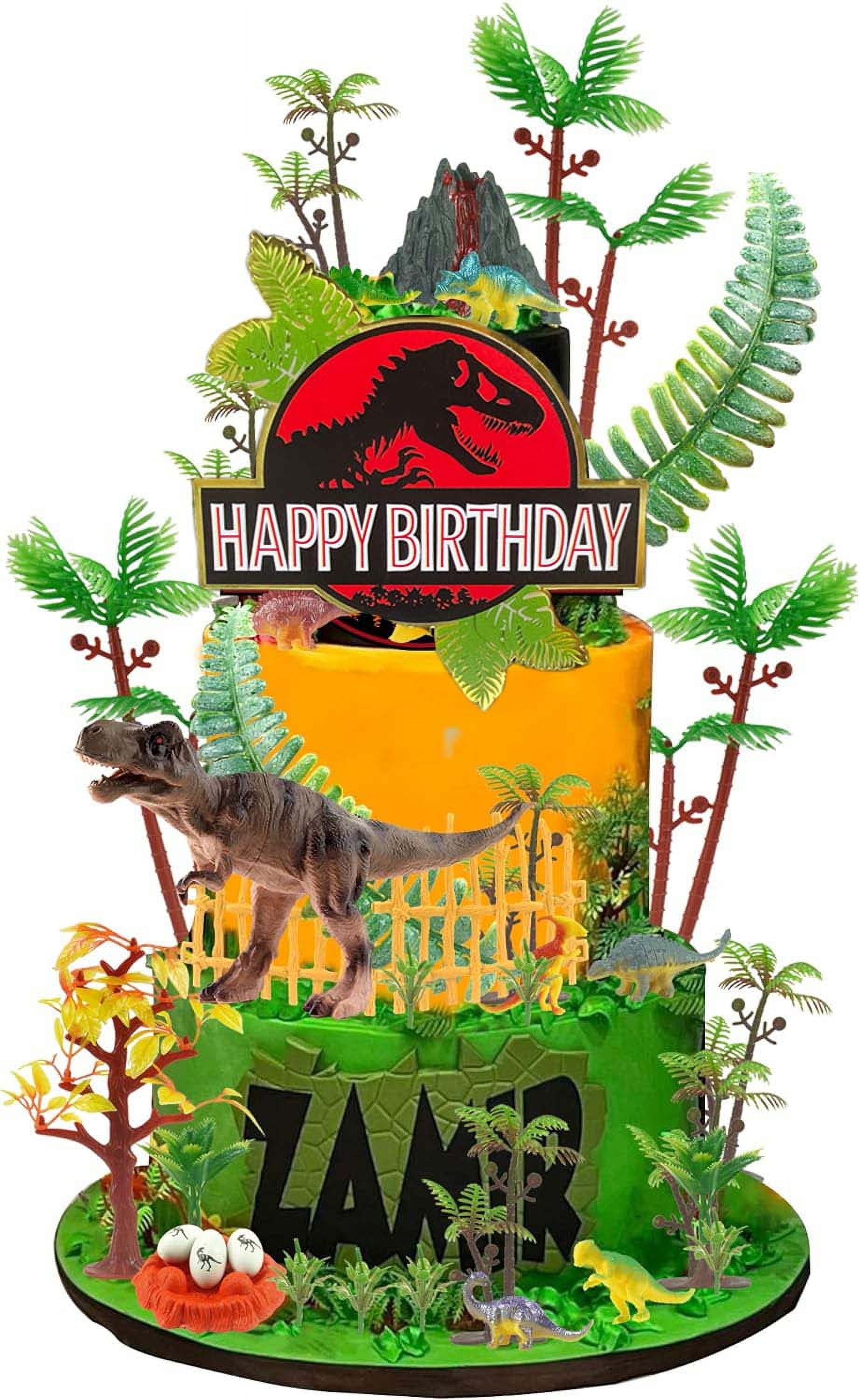 Dinosaur Cake Decorations Set – Jungle Wild Cake Toppers With Leaves & Balls For Birthday, Baby Shower Parties