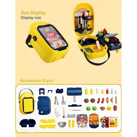41 Pcs BBQ Grill Pretend Play Toys, Toddler Kids Barbecue Role Play Suitcase Playset with Play Food Grill Accessories, ABS Plastic Educational Cooking Toy for Boys Girls Ages 3+ Indoor Play Supplies