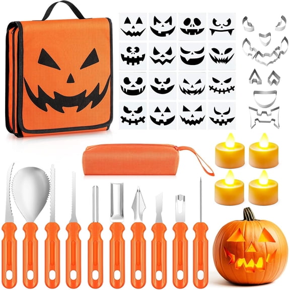 41 Pcs Halloween Pumpkin Carving Kit with 4 LED Candles, 10 Pumpkin Carving Tool Knife Set 10 Stainless Steel Cutting Molds 16 Patterns Stencil 1 Storage Bag, Halloween Lantern Decoration Gift