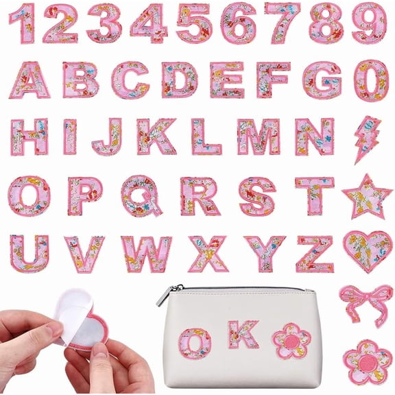 41 Pcs Letter and Number Self-Adhesive Patches A-Z Alphabet Numbers 0-9 Applique Cotton Clothing Patches Stickers with Floral Pattern Pink