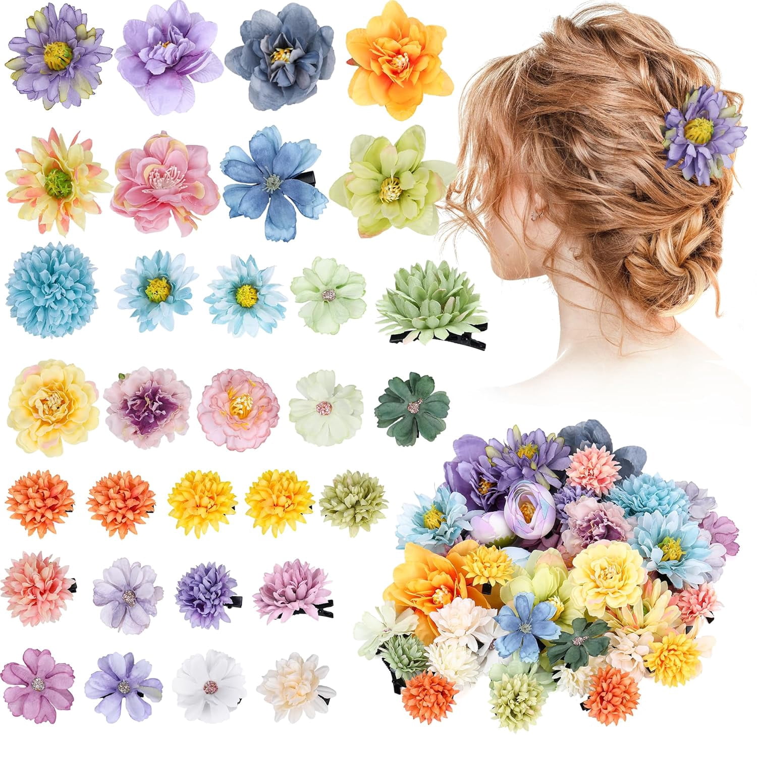41 Pieces Flower Hair Clip Set Floral Pins for Women Girls Bride Handmade Flower Hair Aaccessories for Weeding(Yellow Green Blue Purple)