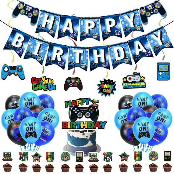41 Pieces Video Game On Theme Party Supplies Set with Happy Birthday Banner, Cake Topper, Gamer Balloons, Hanging Swirl ,Perfect for Game Party