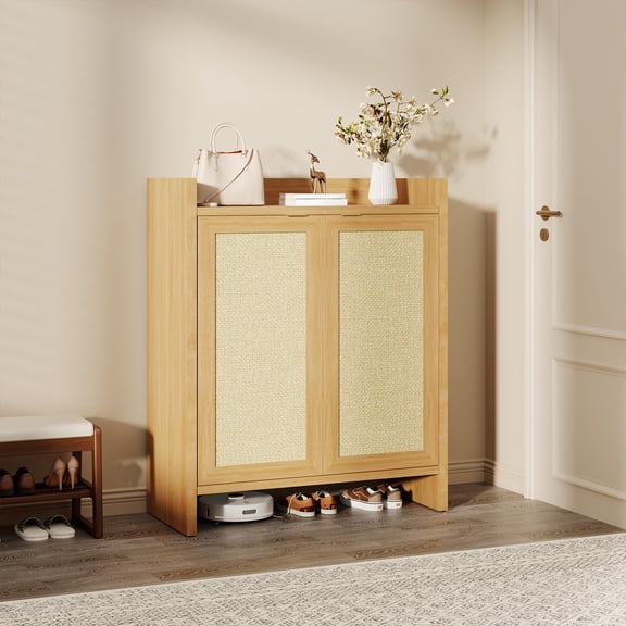 41" Rattan Shoe Cabinet for Entryway, Wooden Shoe Rack with Adjustable Shelves, Freestanding Storage Cabinet for Living Room, Hallway, Closet, Dark Oak