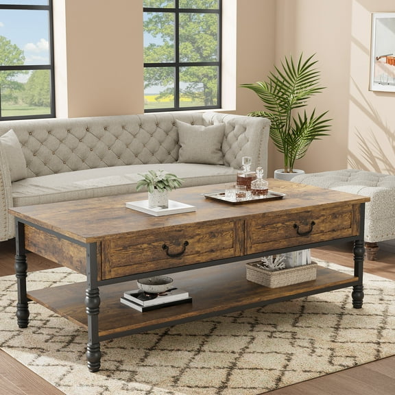 41" Rustic Coffee Table with 2 Storage Drawers, Rectangular Coffee Tables w/Storage Shelf and Metal Legs, Wood Large Coffee Table for Living Room Office